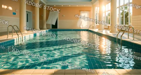 Sunlit Indoor Swimming Pool With Tiled Water And Classical Hotel Interior