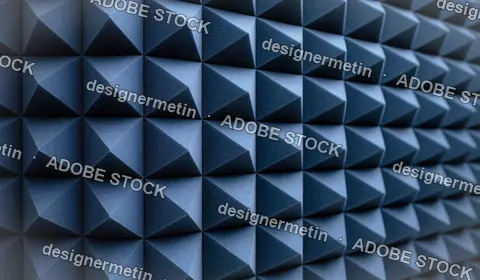 Dark Blue Faceted Geometric Wall With Repeating Three Dimensional Pyramid Pattern