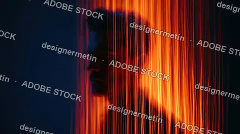 Man In Profile Obscured By Vertical Orange Light Trails Against Dark Background