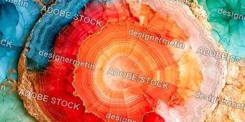 Vibrant Red And Teal Geode Slice With Gold Accents, Abstract Mineral Texture