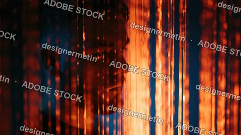 Contemplative Man Behind Glowing Orange Glass Strands, Cinematic Portrait