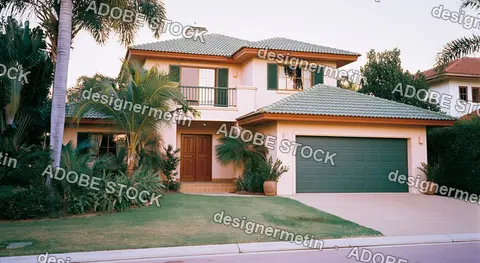 Modern Two-Story House With Green Tile Roof And Palm Trees In Tropical Neighborhood