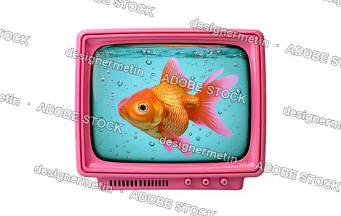 Goldfish Swimming In A Pink Retro Television Aquarium Tank, Isolated On Transparent Background, Png