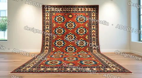 Burnt Orange Geometric Rug Displayed On Wall And Floor In Minimal Interior