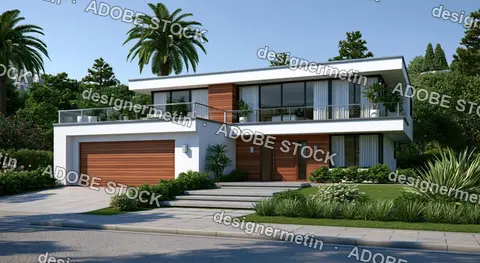 Contemporary White And Wood House With Palm Trees And Landscaped Front Yard