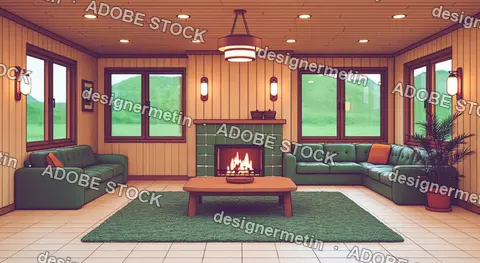 Cozy Wood Paneled Living Room With Green Sofas And Central Fireplace Interior