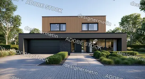 Contemporary Black And Wood House Exterior With Garage And Landscaped Front Yard