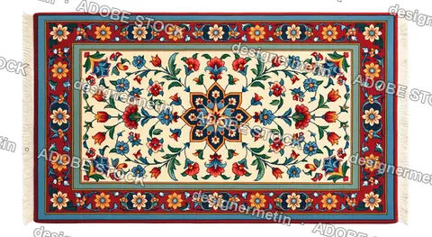 Cream Botanical Floral Rug With Red Border, Isolated On Transparent Background, Png