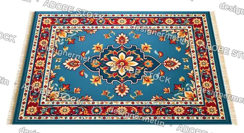Blue Persian Floral Medallion Rug, Isolated On Transparent Background, Png