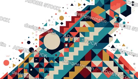 Colorful Geometric Abstract Vector Composition Featuring A Vibrant Mosaic Of Triangles, Squares And Circles On A Clean Minimalist White Background