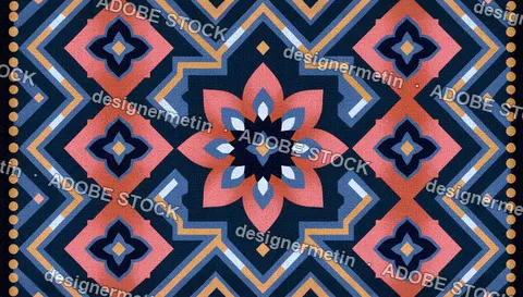 Ornate Geometric Tile Seamless Pattern Featuring A Central Floral Motif And Textile Texture.