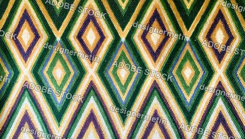 Geometric Rhombus Pattern Woven Into A Green And Gold Ethnic Textile Fabric