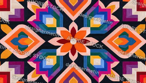Vibrant Embroidered Geometric Flower Pattern With Symmetrical Folk Textile Shapes