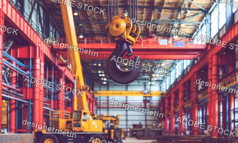 Industrial Crane Hook Hanging From A Pulley System Inside A Large Manufacturing Factory