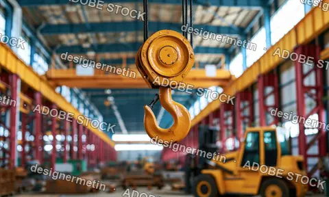 Yellow Industrial Crane Hook Hanging From Cables In A Large Factory Warehouse