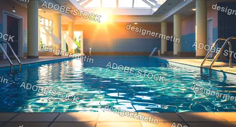Sunlit Indoor Swimming Pool With Blue Tiles, Rippling Water And Modern Interior