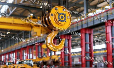 Large Yellow Overhead Crane Hook Hanging Inside Modern Industrial Factory
