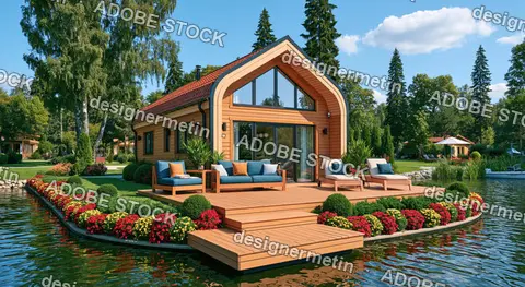 Futuristic Wooden Lakeside House With Glass Facade, Garden And Waterfront Deck