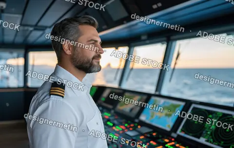 Mature Ship Captain In White Uniform On Navigation Bridge With Ocean View