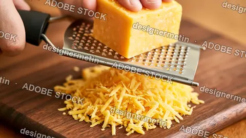 Hands Grating Block Of Cheddar Cheese On Metal Grater Over Wooden Board