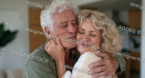 Affectionate Elderly Couple Sharing A Joyful Embrace In Warm Home Portrait