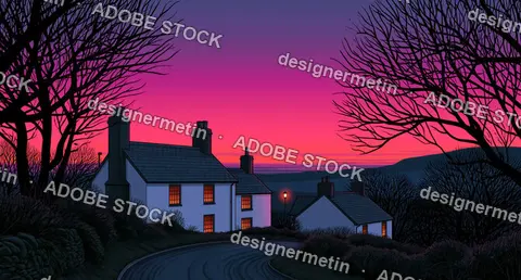 Storybook Village Houses Beneath Purple Twilight Sky And Bare Winter Trees