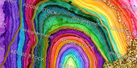 Rainbow Alcohol Ink Geode Texture With Flowing Color Bands And Glittering Gold Veins