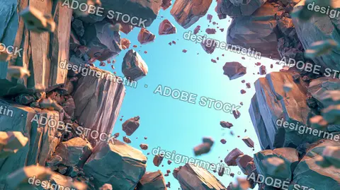Floating Rock Canyon Frame Around Bright Blue Sky, Surreal Fantasy 3D Render