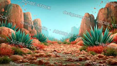 Stylized Rocky Desert Valley With Agave Plants And Turquoise Sky, 3D Render