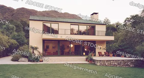 Modern White Two Story House With Mountain View, Balcony And Green Lawn