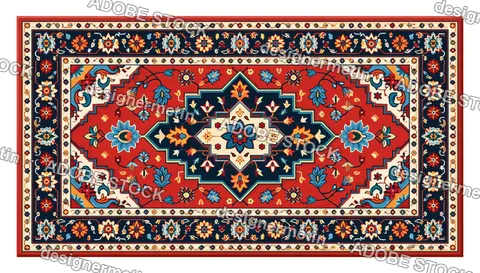Red Oriental Geometric Medallion Turkish Rug, Isolated On Transparent Background, Png