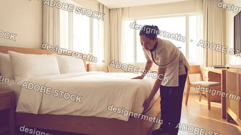 Professional Hotel Housekeeper Tidying White Bedding In A Sunlit Luxury Suite