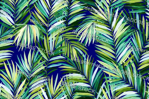 Tropical Palm Leaves Seamless Painted Pattern On Dark Blue Background