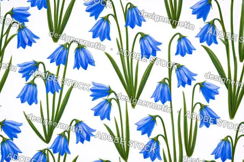 Seamless Pattern Of Blue Bell-Shaped Flowers And Green Leaves On White Background