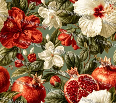 Vintage Seamless Pattern With Hibiscus Flowers And Pomegranates On Green Background