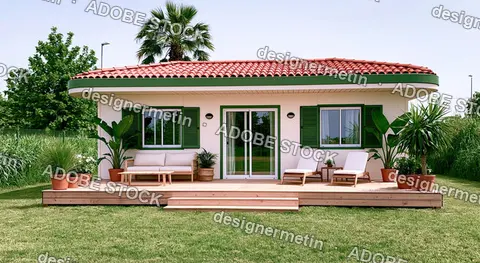 Modern White Cottage With Red Tiled Roof And Wooden Deck In A Green Garden