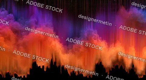 Vibrant Abstract Nebula Clouds With Digital Glitch Distortion Over Dark Silhouette