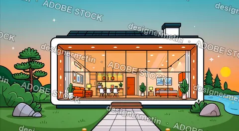 Modern Glass Modular House Illustration With Warm Interior Lighting At Sunset
