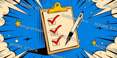 Pop Art Style Clipboard With Red Checkmarks And Pen On Blue Comic Background