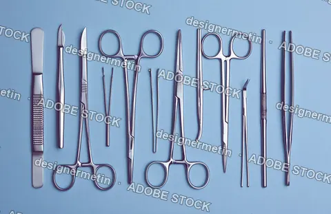 Professional Surgical Tools And Medical Equipment Laid Out On A Blue Surface