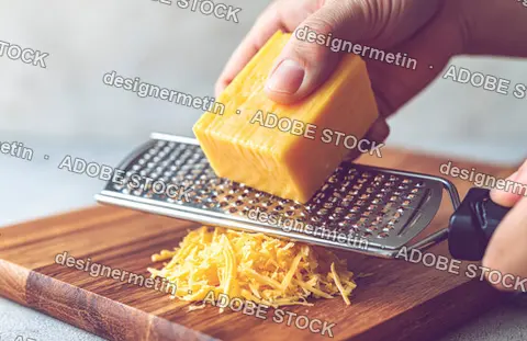 Hand Grating A Block Of Cheddar Cheese Onto A Wooden Cutting Board