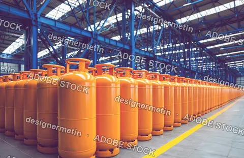 Rows Of Orange Gas Cylinders Stored Inside A Large Industrial Factory Warehouse