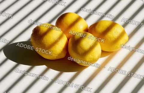 Four Whole Yellow Lemons Resting On A White Table Under Sharp Blind Shadows