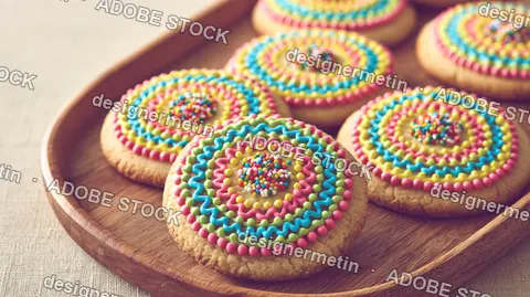 Round Sugar Cookies With Vibrant Concentric Icing Patterns On A Wooden Serving Board