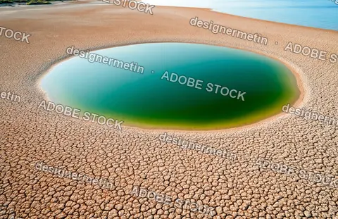 Turquoise Sinkhole Oasis Surrounded By Parched Cracked Mud On A Sunny Desert Coast