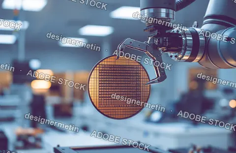 Robotic Arm Holding A Silicon Wafer In A Modern Semiconductor Manufacturing Facility