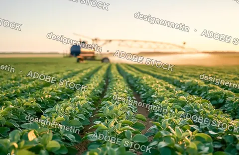 Green Crop Rows With Irrigation Equipment Across Large Agricultural Field