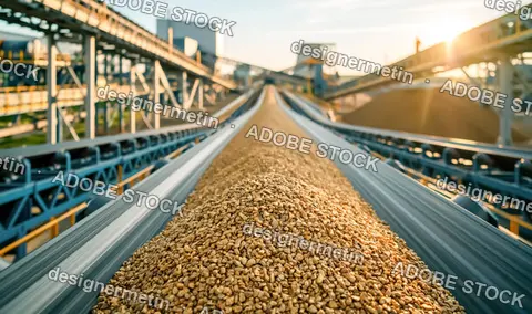 Industrial Grain Conveyor Transporting Harvested Seeds Through Processing Plant