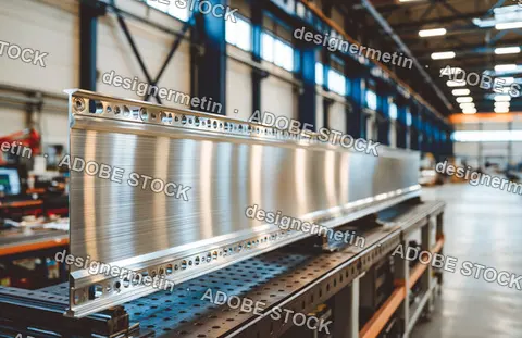 Polished Aluminum Extrusion On Worktable Inside Industrial Manufacturing Facility