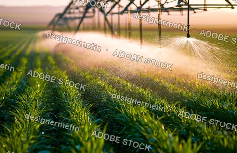 Agricultural Crop Field Irrigated By Center Pivot Sprinkler In Golden Sunlight